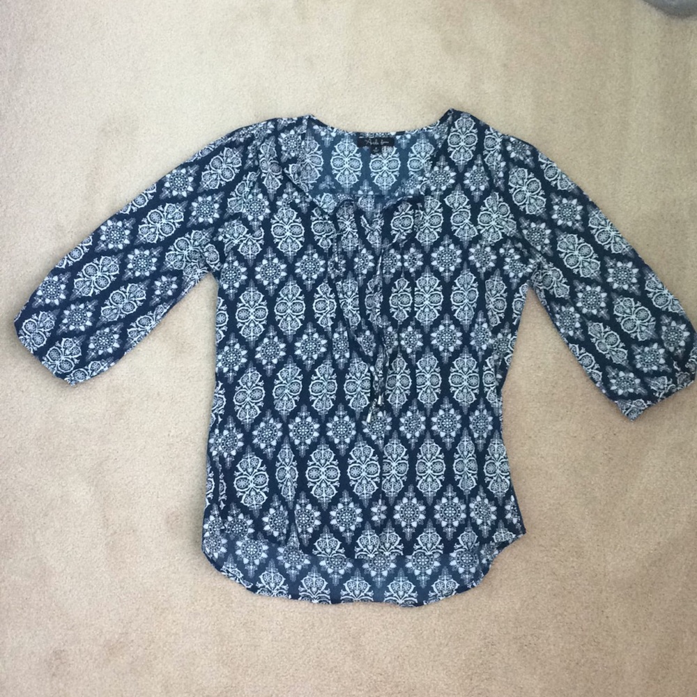 Navy Blue and White Printed Blouse